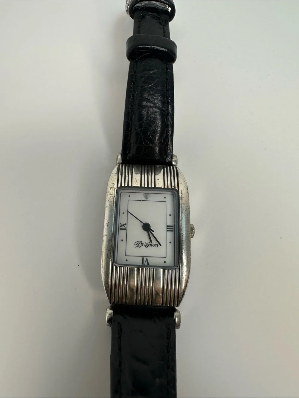 Brighton Oxford Black Leather Strap Silver-Tone Rectangular Watch